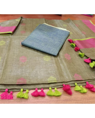 Pure Linen Lustrous Green Dupatta & Katan Silk Gray Top Set