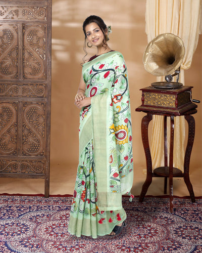 Silkmark Muga Tussar Silk Printed Green Saree