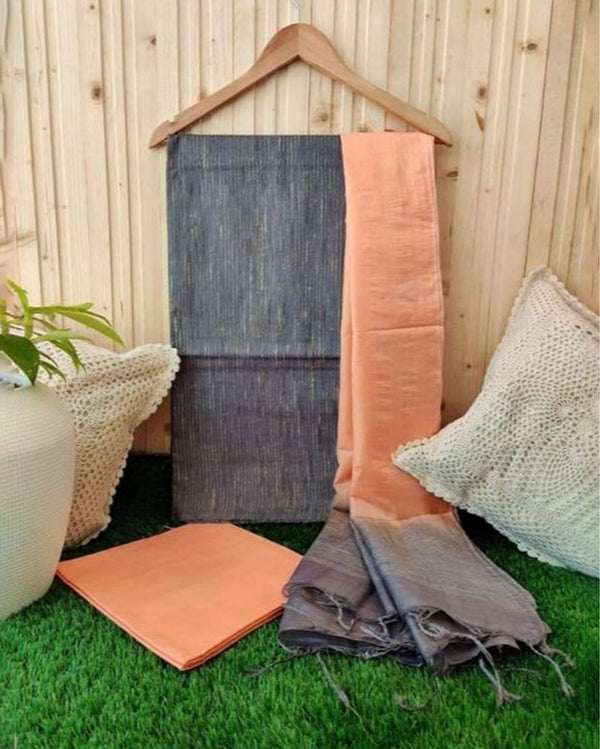 Handdyed Katan Silk Gray & Orange Contrast Suit