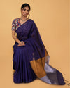 Silk Linen Plain Saree Dark Blue Color with contrast border and attached Running Blouse-Indiehaat