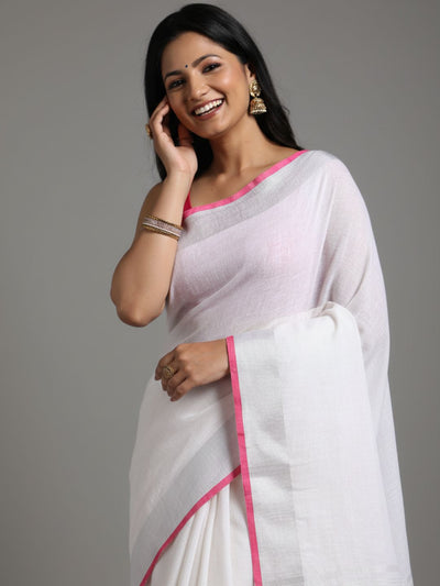 Reflective Handwoven Pure Linen White Saree