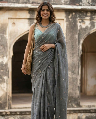 Indiehaat | Pure Mul Cotton Sequin Saree Gray