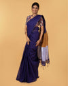 Silk Linen Plain Saree Dark Blue Color with contrast border and attached Running Blouse-Indiehaat