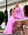 Pure Linen Saree Handloom Hand Embroidered Pink color with attached Running Blouse-Indiehaat