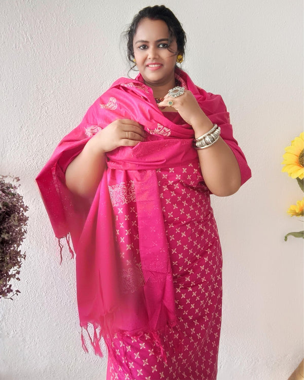 Katan Silk Handblock Printed Suit – Pink with Dupatta