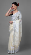 Vivid Pure Linen Embroidered Handloom Off White Saree