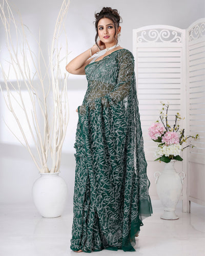 Indiehaat | Tepchi Handwork Georgette Saree Dark Green