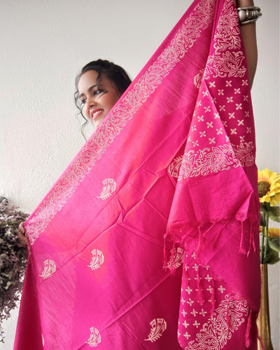 Katan Silk Handblock Printed Suit â€“ Pink with Dupatta