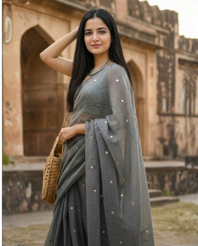 Indiehaat | Pure Mul Cotton Sequin Saree Gray