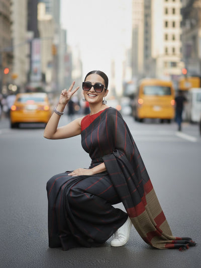 Bold Handwoven Pure Linen Gray Saree Striped Design