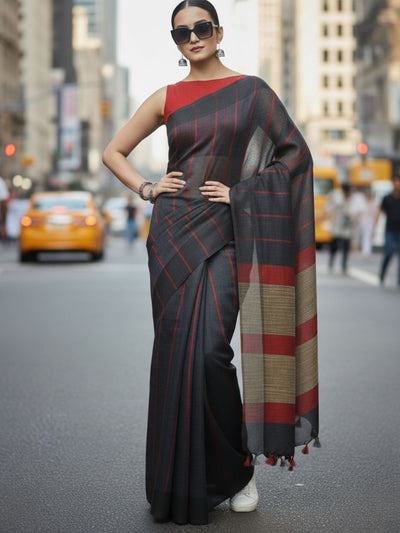 Bold Handwoven Pure Linen Gray Saree Striped Design