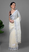 Vivid Pure Linen Embroidered Handloom Off White Saree