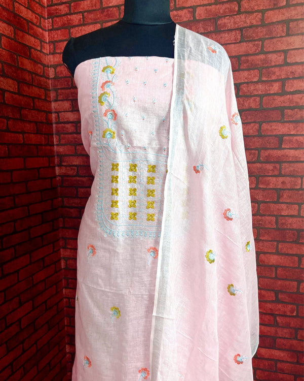 Indiehaat | Pure Linen Embroidered Suit Pink Color (Top+Dupatta) With Linen Bottom
