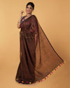 Sophisticated Pure Linen Kantha Work Saree Brown