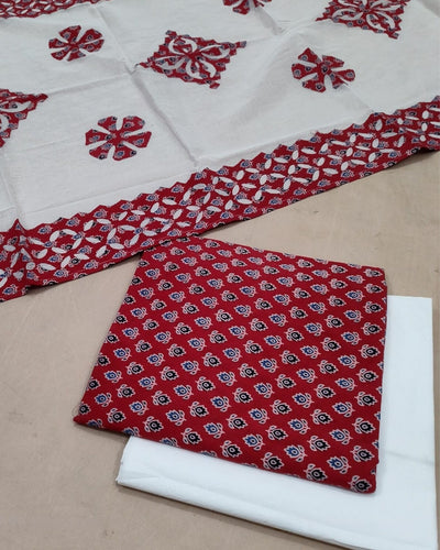 Indiehaat|Ajrakh print Cotton Suit with Applique Dupatta White & Red