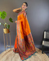 Indiehaat | Meenakari Yeola Paithani Silk Zari Woven Orange Saree