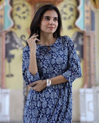 IndieHaat | Cotton One Piece Indigo Blue Frill Dress Handblock Print Ajrakh Dabu Size 38 to 47