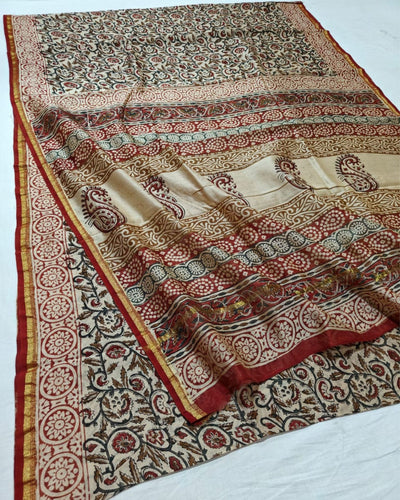 Indiehaat | Chanderi Silk Kalamkari Beige Saree