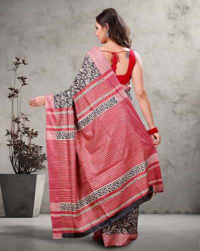 Silkmark Tussar Blissful Blockprint Red & Black Saree