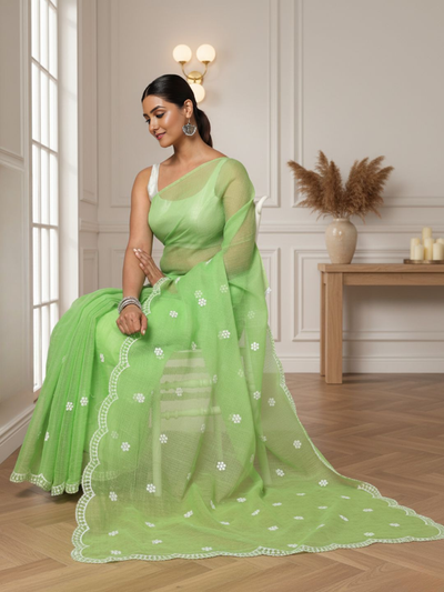 Kota Doria Sarees Embroidery Work Moss Green