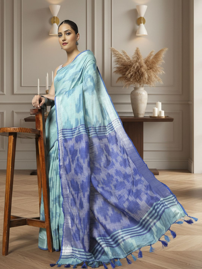 Crisp Ikkat Slub Linen Handloom Blue Saree