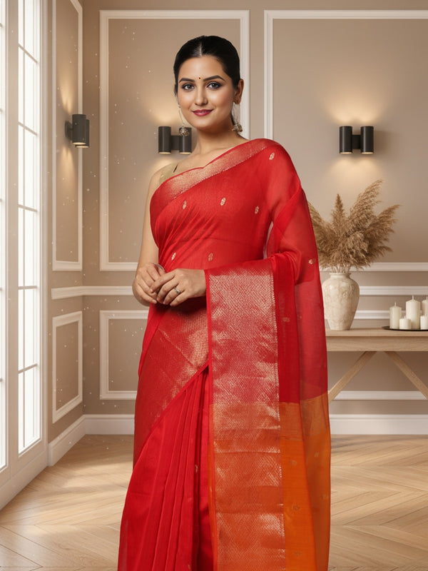 Vibrant Maheshwari Silk Pure Handloom Saree Red