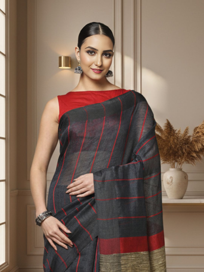 Bold Handwoven Pure Linen Gray Saree Striped Design