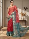 Craft Couture Kota Doria Blockprint Red & Sea Green Saree