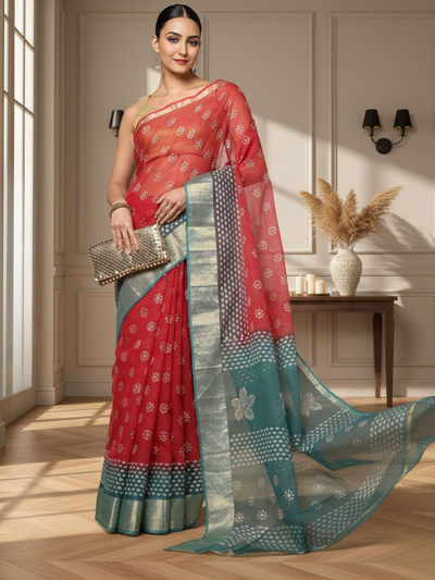 Craft Couture Kota Doria Blockprint Red & Sea Green Saree