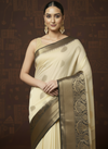 Silk Linen Weaving Design Jacquard Handloom Saree Cream Color with Running Blouse-Indiehaat