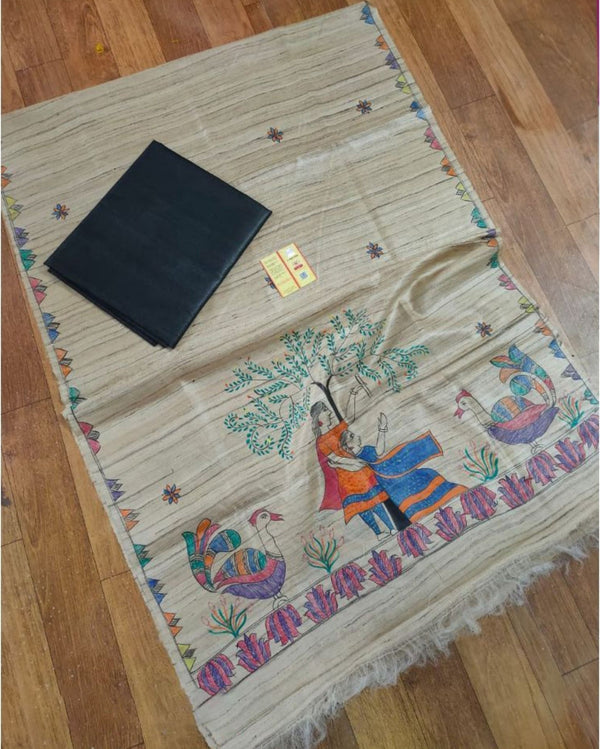 Silkmark Tussar Beige Madhubani Gleaming Dupatta & Black Top