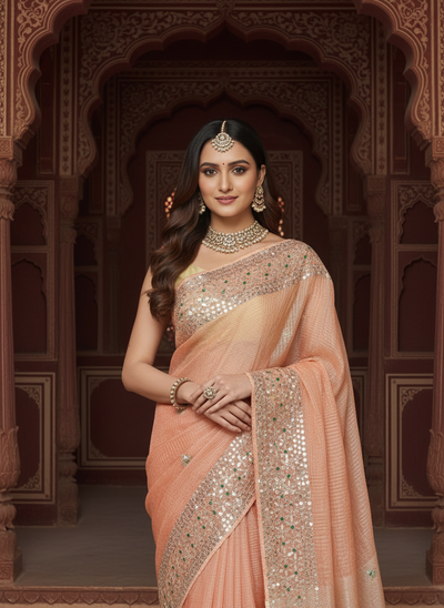 Pankhudi Jugnu Checks Kota Cotton Gota Patti Peach Saree