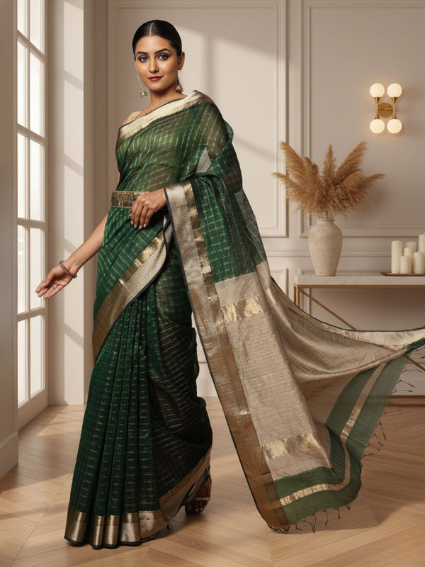 Stunning Pure Maheshwari Silk Allover Checks Rich Green Saree