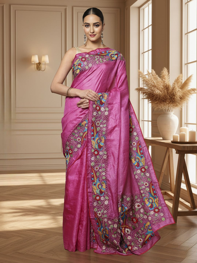 Silkmark Certified Elegant Pure Tussar Cutwork Dark Magenta Saree