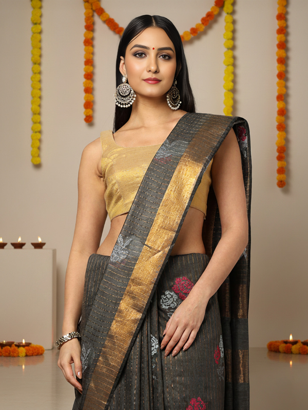 Striped Katan Silk Saree Marlin Blue Handcrafted