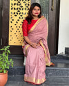 Handwoven Pure Linen Saree Dusky Pink Color with running Blouse - IndieHaat