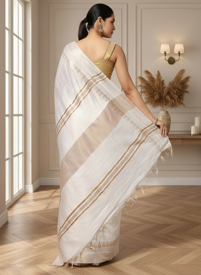 Handcrafted Gleaming Kota Silk White Jacquard Saree