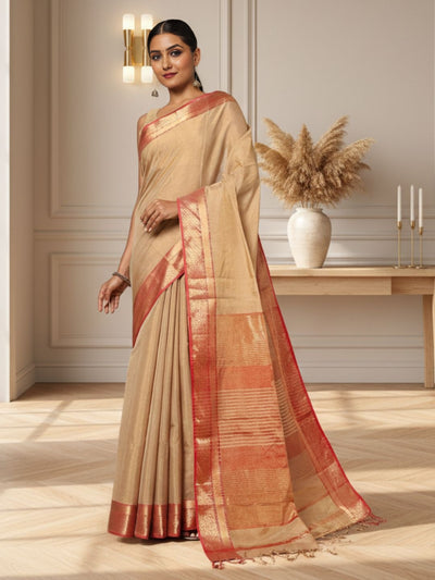 Splendid Maheshwari Tissue Silk Handwoven Saree Golden