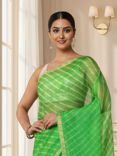 Lehariya Pure Silk Kota Doria Leaf Green Saree Handcrafted