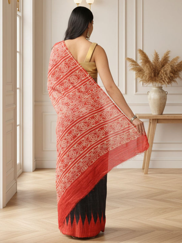 Silkmark Tussar Glowing Blockprint Black & Red Saree