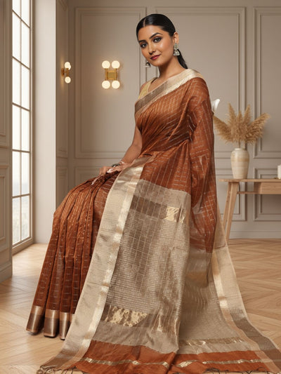 Indiehaat | Pure Maheshwari Silk Kosa Pallu Brown Saree