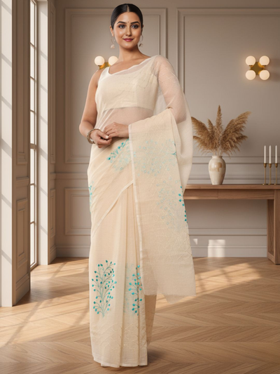 Earthy Kota Doria Cotton Bel Embroidery Off White Saree Handdyed