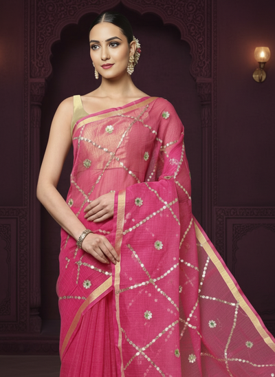 Pankhudi Gota Patti Rani Pink Kota Cotton Saree