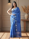 Silkmark Pure Tussar Embroidery & Cutwork Blue Saree