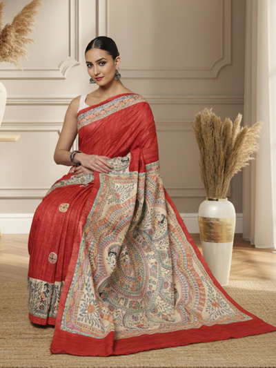 Madhubani Silkmark Gicha Tussar Silk Vivid Red Saree