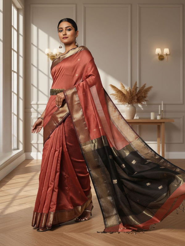Quaint Pure Maheshwari Silk Handloom Saree Brown & Black