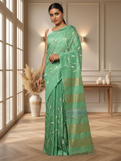 Alluring Eri Tussar Silk Embroidered Green Saree