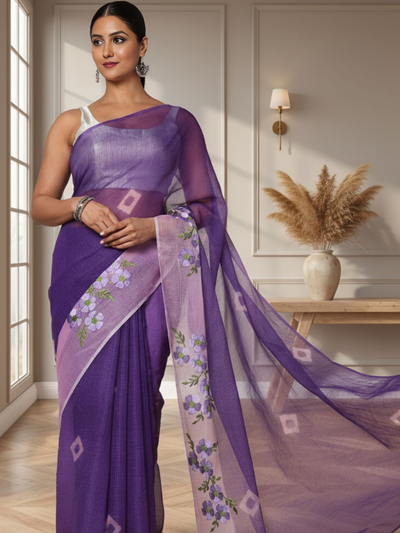 Bold Bandhej Kota Doria Embroidery Purple Saree Handdyed
