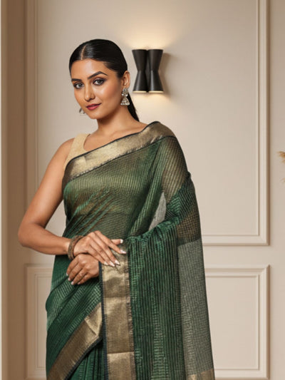 Misty Maheshwari Pure Silk Check Body Green Saree
