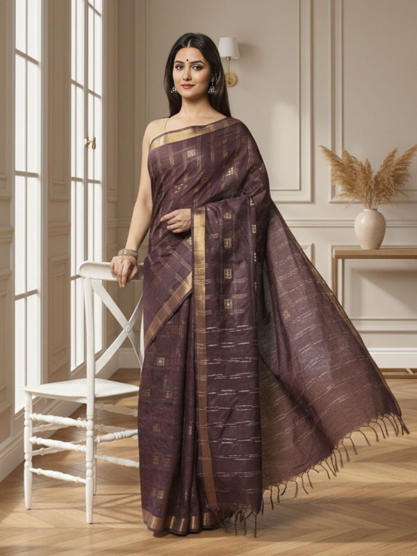Gilded Hue Kota Silk Zari Stripe Saree Brown